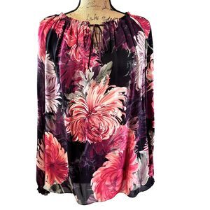 Carlisle Womens Pink Magenta Peony Floral Silk Long Sleeve Tie Neck Blouse Sz 10